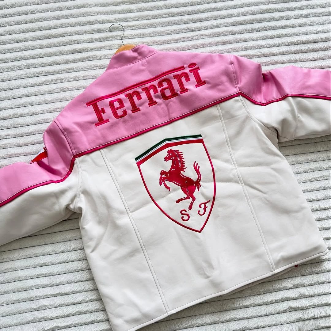 Pink–White Ferrari Racing Jacket – Vintage Embroidery Design