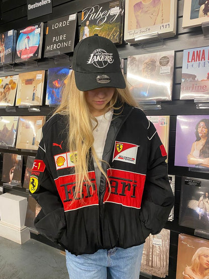 Black Ferrari F1 Vintage Racing Jacket – Premium Embroidery Edition