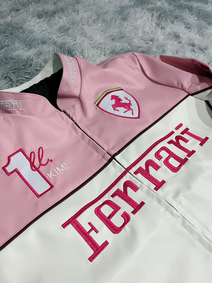 Pink–White Ferrari Racing Jacket – Vintage Embroidery Design