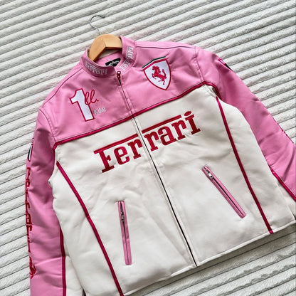 Pink–White Ferrari Racing Jacket – Vintage Embroidery Design
